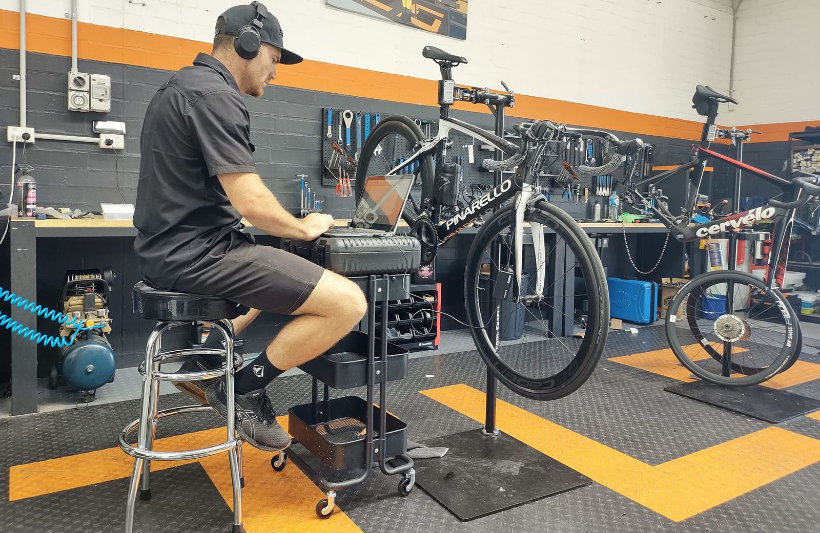 Kyle running Di2 diagnostics in the TLS workshop